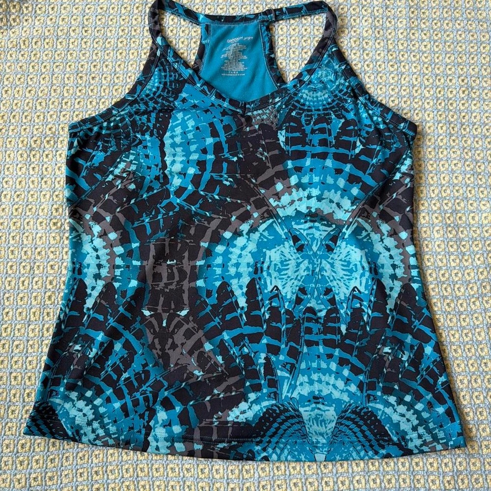 Danskin Now Yoga Tank Top Teal Black Psychedelic Pattern Built-in Bra XL